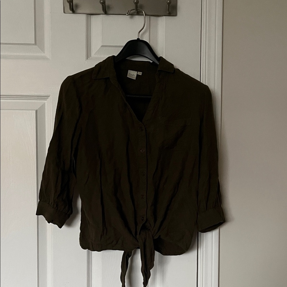 Twik Olive Button-Down Shirt Tie-Front Shirt